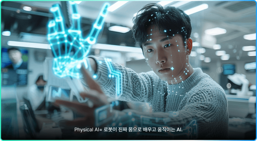 Physical AI — 로봇이 현실 환경을 인식하고 판단해 최적의 동작을 수행하는 AI 기술 설명 이미지